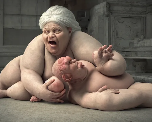 Image similar to of a very beautiful scene. ambient occlusion render. a sweet fat old woman is giving birth to her self as a sweet baby. hyper realistic. 4 k. wide angle. wild. symmetrical face, red mouth, blue eyes. deep focus, lovely scene. ambient occlusion render. concept art. unreal engine.