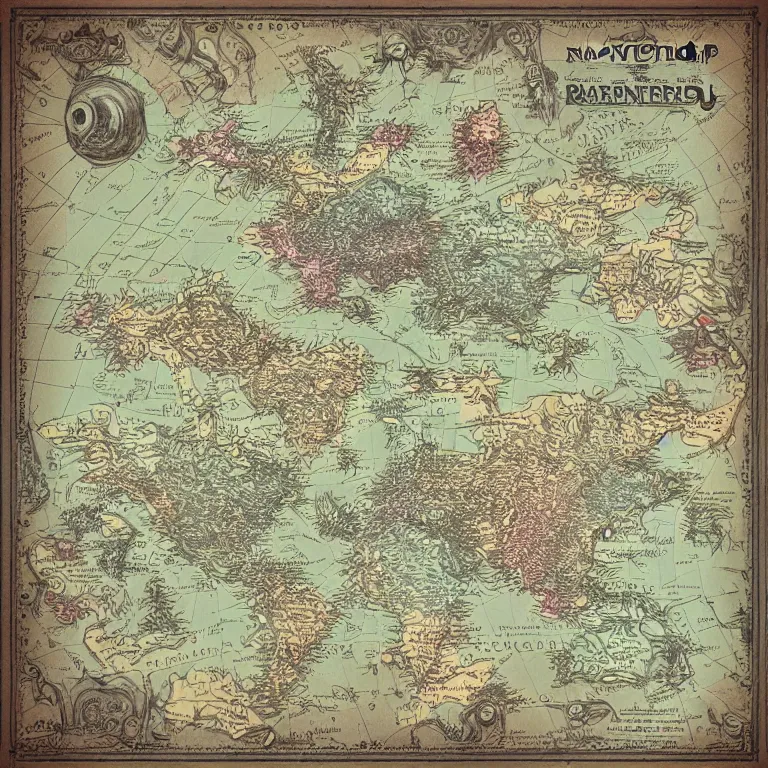 Image similar to imaginary map of different realms, map of fantacy world, different realms, mobile game art, blueprint, infographic, vintage theme, on paper, realms with different colors, with notes, highly detailed, hyper realistic