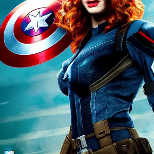 Prompt: high quality film poster of Christina Hendricks as Captain America