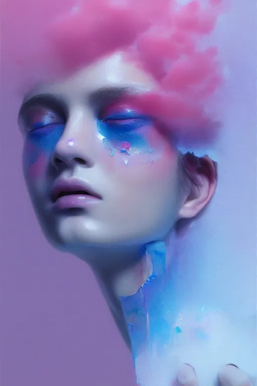 Prompt: 3 d, close - up, liquid white oil, sleepy fashion model, deep blue fog, smoke, poster art, high detail, intricate oil painting, multiple exposure, deep pink color palette, hyperrealism, 3 d, by tooth wu and wlop and beeple and greg rutkowski