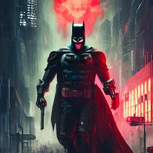 Image similar to cyberpunk batman with fullface mask, red bat logo, full shot, moody, futuristic, city background, brush strokes, oil painting, greg rutkowski