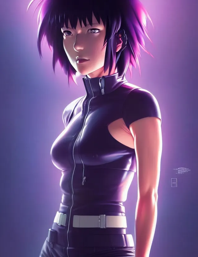 Image similar to a fullbody portrait of motoko kusanagi the major ghost in the shell : : stand alone complex, under repairs, maintenance : : by ilya kuvshinov, rossdraws, artgerm, sola digital arts, anti aliasing, raytracing : :