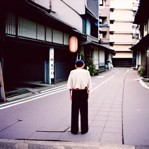 Prompt: an old man standing in the middle of a japanese street, long shot from the back, street film photography Fuji Pro 400H