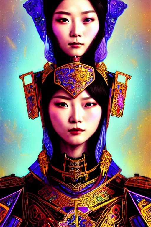 Image similar to beautiful and divine and holy and elite and colorlpunk three kingdom chinese female armor knight portrait like twice tzuyu+shinnyy eyes, ssci-fi, fantasy, neon light, art and illustration by tian zi and craig mullins and WLOP and alphonse mucha, fantasy, intricate complexity, human structure, human anatomy, fantasy character concept, watermark, blurry, hyperrealism 8k