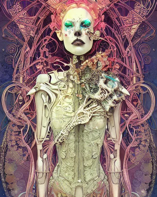 Image similar to glitch art bionic skeleton ghost, glitches, vaporwave, highly detailed, very intricate, art nouveau, filigree, romantic storybook fantasy, harsh lighting, award - winning, disney concept art watercolor illustration by mandy jurgens and alphonse mucha and alena aenami, glitch color palette, featured on artstation