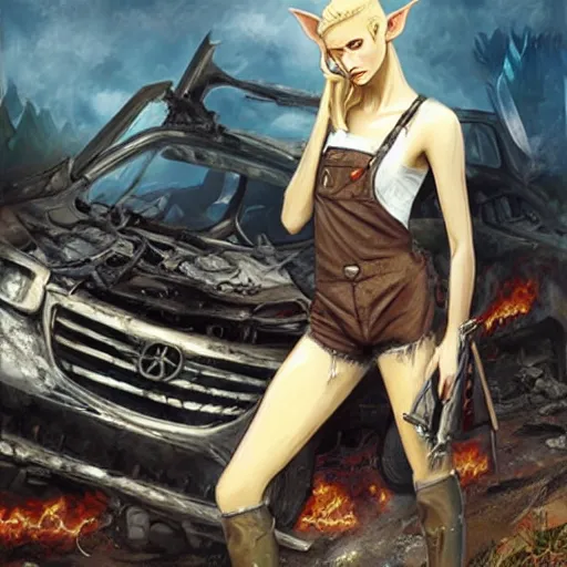 Prompt: a skinny high-fantasy elf with a long narrow face and spiky blonde hair wearing dark brown overalls and holding a bomb next to a destroyed car, painting by Charlie Bowater