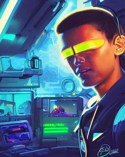 Image similar to future coder man looking on, sleek cyclops display over eyes and sleek bright headphoneset, neon accent lights, holographic colors, desaturated headshot portrait digital painting by dean cornwall, rhads, john berkey, tom whalen, alex grey, alphonse mucha, donoto giancola, astronaut cyberpunk electric