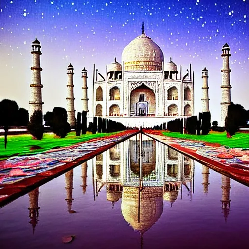 Prompt: Taj mahal made up of diamonds surrounded by a lake full of blooming lotuses, starry sky, atmospheric