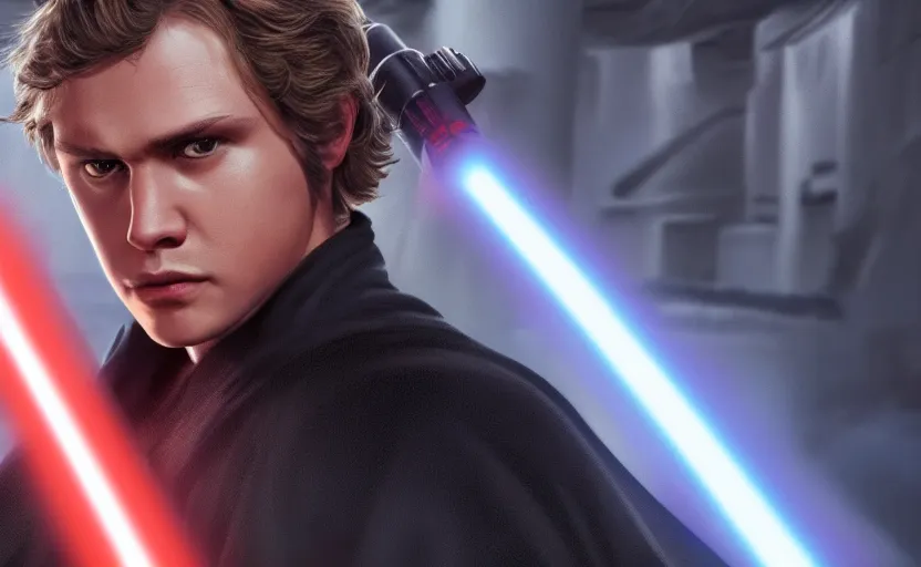 Prompt: a portrait of anakin skywalker looking angrily into the camera wielding a red lightsaber, detailed, cinematic, raytracing, realistic, detailed, cinematic, raytracing, realistic