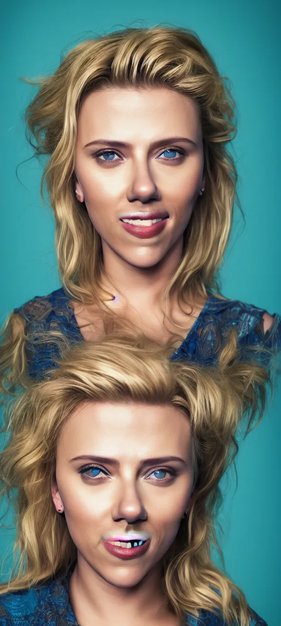 Image similar to portrait photo of smiling woman, photo of Scarlett Johansson:: symmetric face, symmetric eyes, slight smile, photo by Annie Leibovitz, 85mm, teal studio backdrop, Getty images