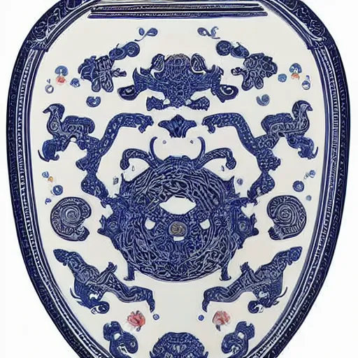 Image similar to A Shield: Clear white texture with artistically executed decorations of peonies foliated scrolls dragons and medallions in white reserve on an opaque mazarine blue ground. Capped with metal