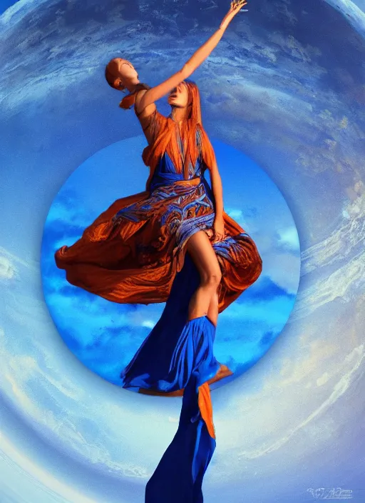 Image similar to full body portrait of beautiful goddess of mars theme inspired wearing blue and white carved details moving dress, she is floating in the air, planet mars in the background, open sky, 3 d realistic, octane render, mystical, orange fog, circle forms, iper realistic, cinematic light, paint on canvas, art by vlop