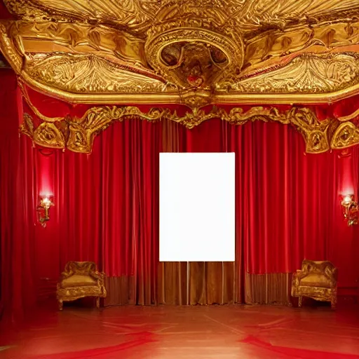 Image similar to an opera scenography of a barroque room, red color scheme.