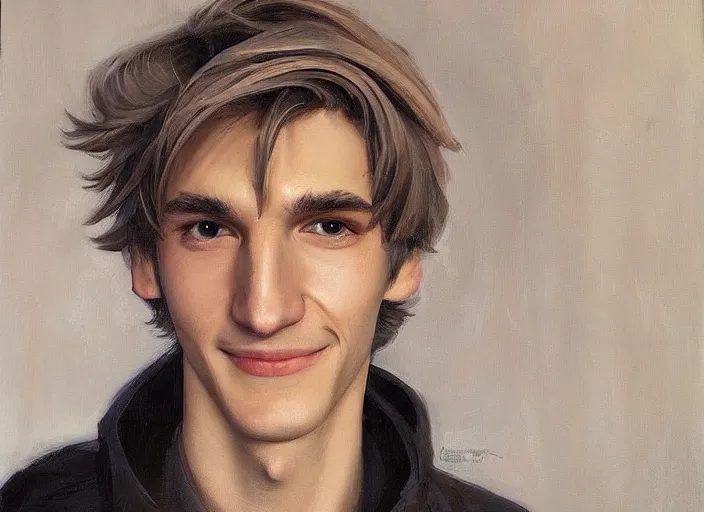 Image similar to a highly detailed beautiful portrait of xqcow xqc felix lengyel, twitch. tv, by gregory manchess, james gurney, james jean