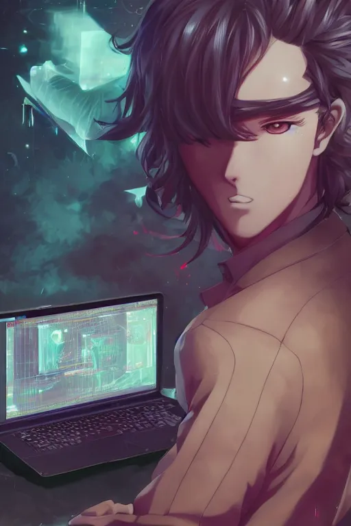 Image similar to portrait of an anime manga guy sitting behind a laptop screen, straight on portrait, by artgerm, james jean, tom bagshaw, gerald brom, vaporwave colors, lofi colors, vaporwave, lofi, goth vibe, 4 k, smooth, hd, substance designer render, full body character concept art, symmetrical,