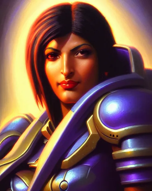 Image similar to pharah from overwatch, fantasy, fantasy art, fantasy, colorful, elegant, character portrait, portrait, close up, highly detailed, intricate detail, amazing detail, sharp focus, vintage fantasy art, vintage sci - fi art, radiant light, caustics, by boris vallejo