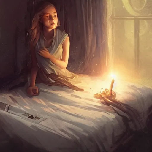 Prompt: A young female wizard, accidentally casting her first spell while practicing in bed, magic crackling in the air, fantasy art by Greg Rutkowski