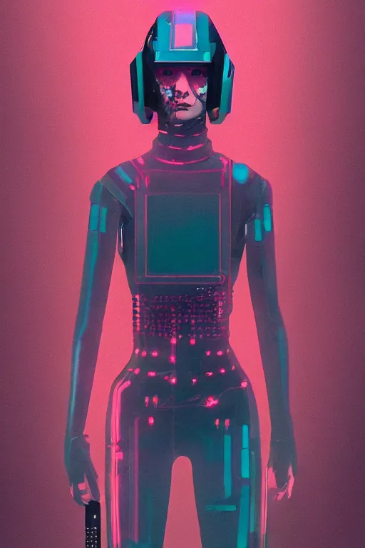 Prompt: full body punk girl, blade runner 2 0 4 9, scorched earth, cassette futurism, modular synthesizer helmet, the grand budapest hotel, glow, digital art, artstation, pop art, by hsiao - ron cheng