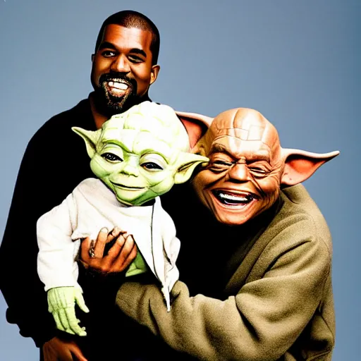 Image similar to kanye west smiling and holding yoda yoda for a 1 9 9 0 s sitcom tv show, studio photograph, portrait