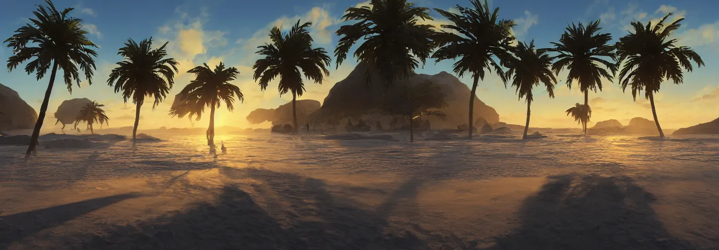 Image similar to a beautiful award - winning oil painting of an epic beach golden hour with perfect weather in roblox, trending on artstation, hd, 3 2 k, unreal engine, octane render, concept art, masterpiece