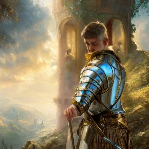 Prompt: an oil painting of a portrait of a super handsome medieval european prince, king arthur, magical, fairy tale, dreamy light, by wlop, greg rutkowski, thomas kinkade, super detailed, 3 d, hdr on, 4 k wallpaper