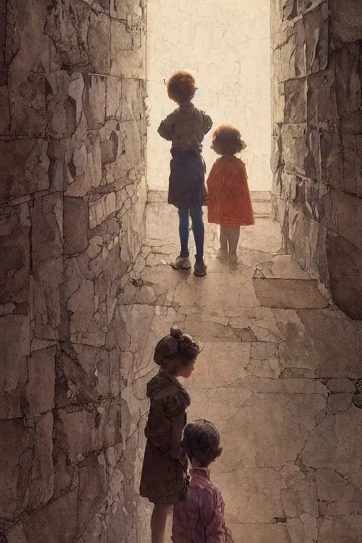 Image similar to a 1 2 year old boy and 3 year old girl looking at a wall full of ghosts, part by norman rockwell, part by greg rutkowski, part by mattias adolfsson, high angle, ( ( ( ( volumetric lighting ) ) ) ), oil on canvas