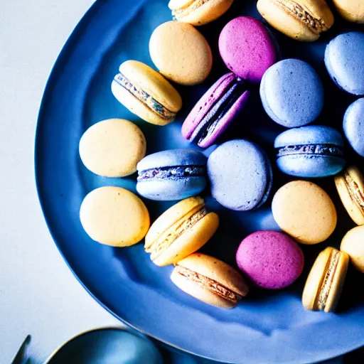 Prompt: photo of robin standing in a plate filled with blue macaroons