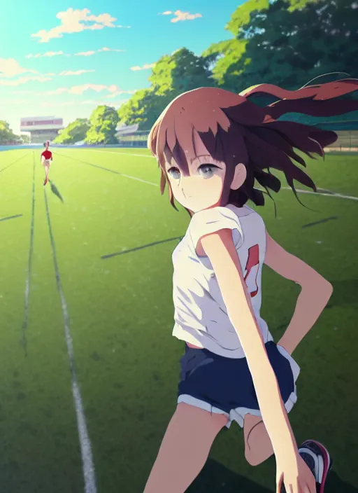 Image similar to portrait of high school runner girl, sunny sky background stadium landscape illustration concept art anime key visual trending pixiv fanbox by wlop and greg rutkowski and makoto shinkai and studio ghibli and kyoto animation short down hair sports clothing marathon race running shoes sponsors nike shirt