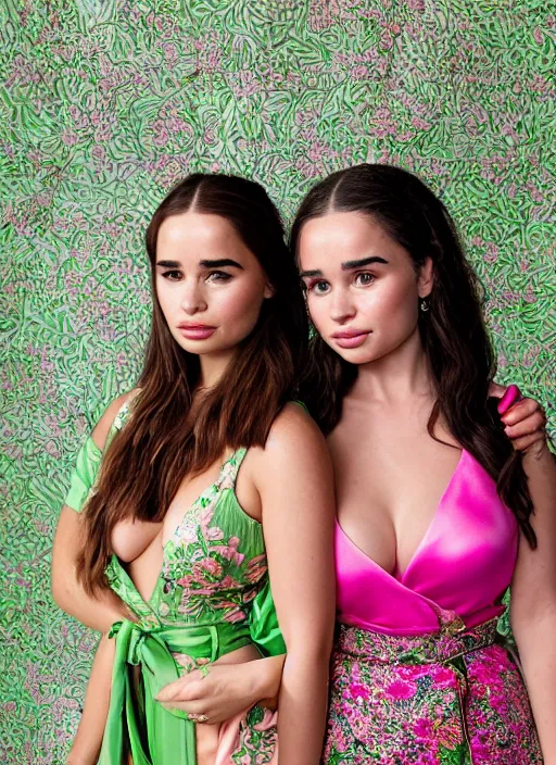 Image similar to portrait of demi rose and emilia clarke wearing green kebaya and pink silk belt, bali, by charlotte grimm, natural light, detailed face, beautiful features, symmetrical, canon eos c 3 0 0, ƒ 1. 8, 3 5 mm, 8 k, medium - format print,