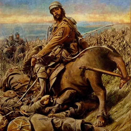 Prompt: Jesus riding a war hog into the battle of the somme as he guides wounded soldiers to safety, oil painting, epic, beautiful