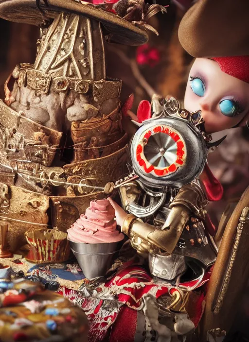 Image similar to closeup of a tin toy medieval witch eating cakes, depth of field, zeiss lens, detailed, symmetrical, centered, fashion photoshoot, by nicoletta ceccoli, mark ryden, lostfish, earl nore, hyung tae, frank frazetta, breathtaking, 8 k resolution, extremely detailed, beautiful, establishing shot, artistic, hyperrealistic, octane render