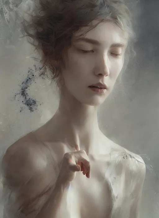 Image similar to portrait of beautiful woman dissolving, made of dust smoke ash, intricate, elegant, highly detailed, digital photography, art by artgerm ruan jia and greg rutkowski