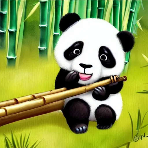 Image similar to a cute panda playing the wooden flute, in a bamboo forest. Digital art trending on art station