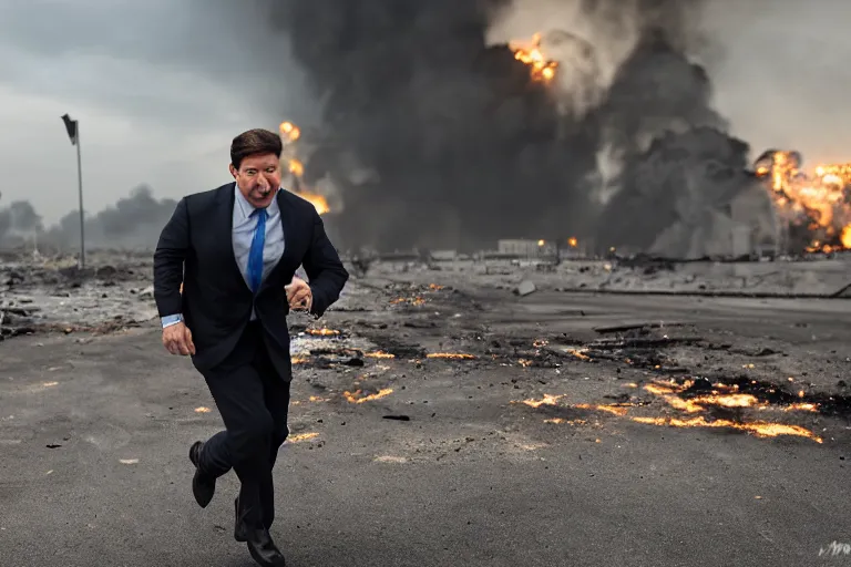 Image similar to ron desantis running from an explosion in the background, medium long shot, cinematic, 2 0 mm lens, photograph