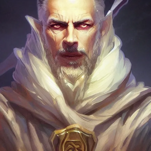 Image similar to sinister sultan, D&D, painted fantasy character portrait, highly detailed, digital painting, artstation, concept art, sharp focus, illustration, art by artgerm and greg rutkowski and alphonse mucha