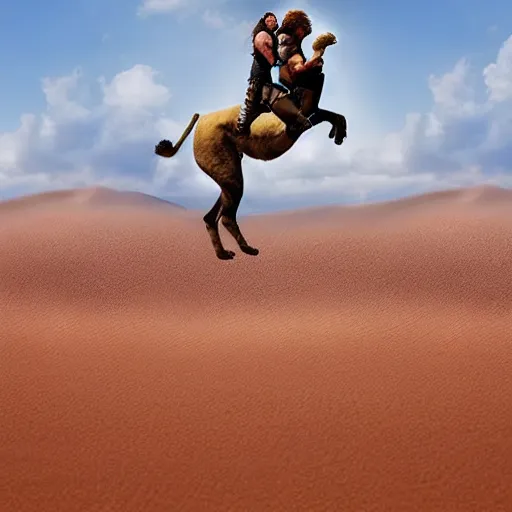 Image similar to bad copy paste photoshop of a man riding a lion in the desert.