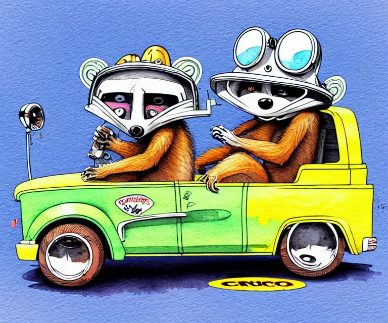 Image similar to cute and funny, racoon wearing a helmet riding in a tiny hot rod shortbed chevy truck with oversized engine, ratfink style by ed roth, centered award winning watercolor pen illustration, isometric illustration by chihiro iwasaki, edited by range murata