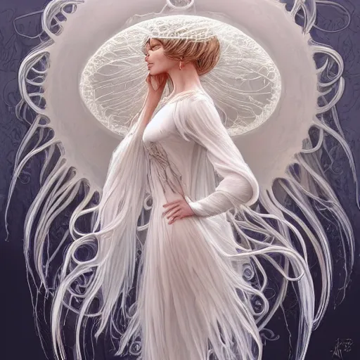 Prompt: a photograpic portrait of a anthropomorphic jellyfish wearing white clothes, fantasy, intricate, elegant, highly detailed, digital painting, artstation, concept art, smooth, sharp focus, illustration, art by artgerm and H R Giger and alphonse mucha