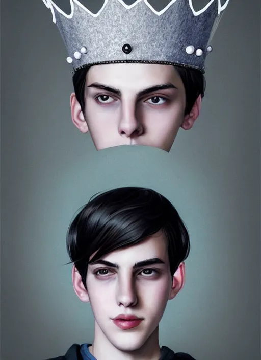 Image similar to portrait of teenage jughead jones wearing a light grey crown, photorealistic, crown made of fabric, crown made of felt, black hair, intricate, elegant, highly detailed, digital painting, glowing lights, artstation, concept art, smooth, sharp focus, illustration, art by wlop, mars ravelo and greg rutkowski