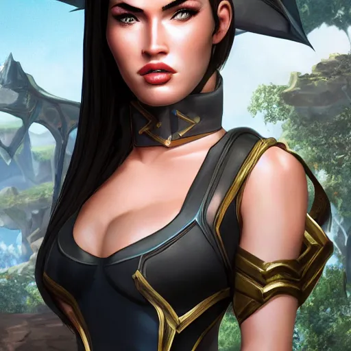 Image similar to Megan Fox as a character in the game League of Legends, with a background based on the game League of Legends, detailed face, 3d render, octane render, iRay, ray tracing, realistic, highly detailed, trending on artstation, 4k, cgsociety, unreal engine 5, redshift render, blender cycles, behance, cg