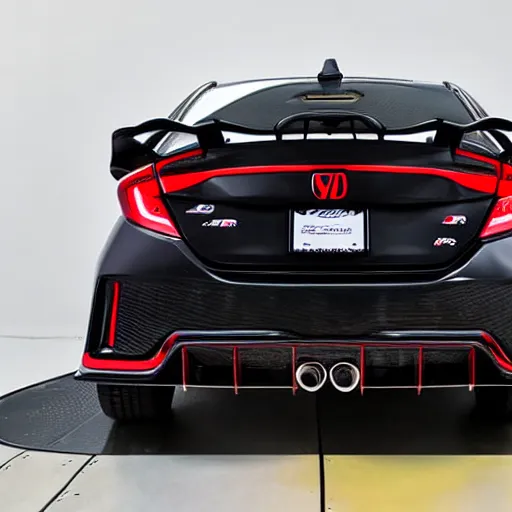 Prompt: 2 0 2 0 civic coupe type r from behind, carbon fiber wing spoiler, volk wheels, - s 1 0 9 2 8 9 2 3 8 5