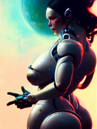 Prompt: the birth of cyborg venus : : illustrated by artgerm, karol bak, greg rutkowski, yoji shinkawa : : hyperrealism, cyberpunk, holographic, glitchcore, ghost in the shell, digital art, illustration, concept art, character design, weta, wlop, artstation