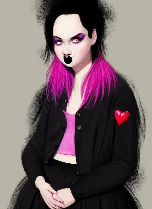 Prompt: portrait of a plump teenager with a crooked nose and a confident expression, 1 9 6 0 s, black clothes, goth, punk, brightly coloured hair, funk, intricate, elegant, highly detailed, digital painting, artstation, concept art, smooth, sharp focus, illustration, art by wlop, mars ravelo and greg rutkowski