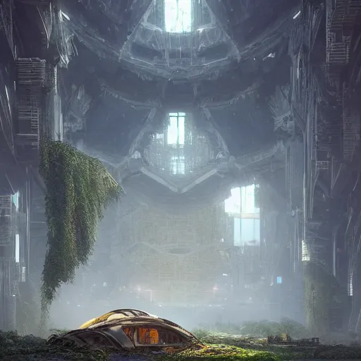 Image similar to highly detailed digital matte painting of a beautiful abandoned, overgrown, damaged crashed croissant, by Raphael LaCoste and Ruan Jia and Robert McCall, postcyberpunk, geodesic dome, hyperdetailed, sunrise, wide shot, autochrome, octane render @MarioManiacDude