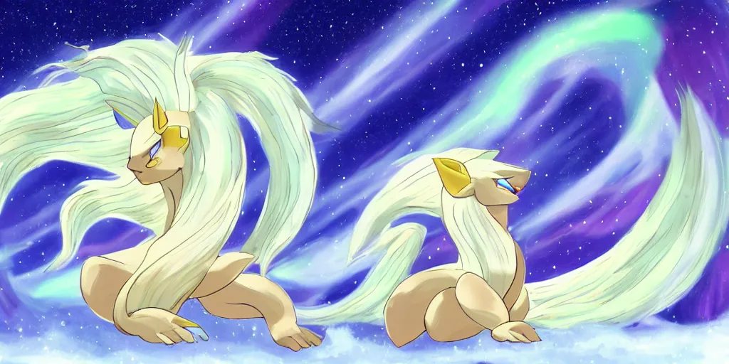 Prompt: Alolan Ninetales shiny, standing on an snowy hill with an aurora borealis in the night sky, Pokémon,