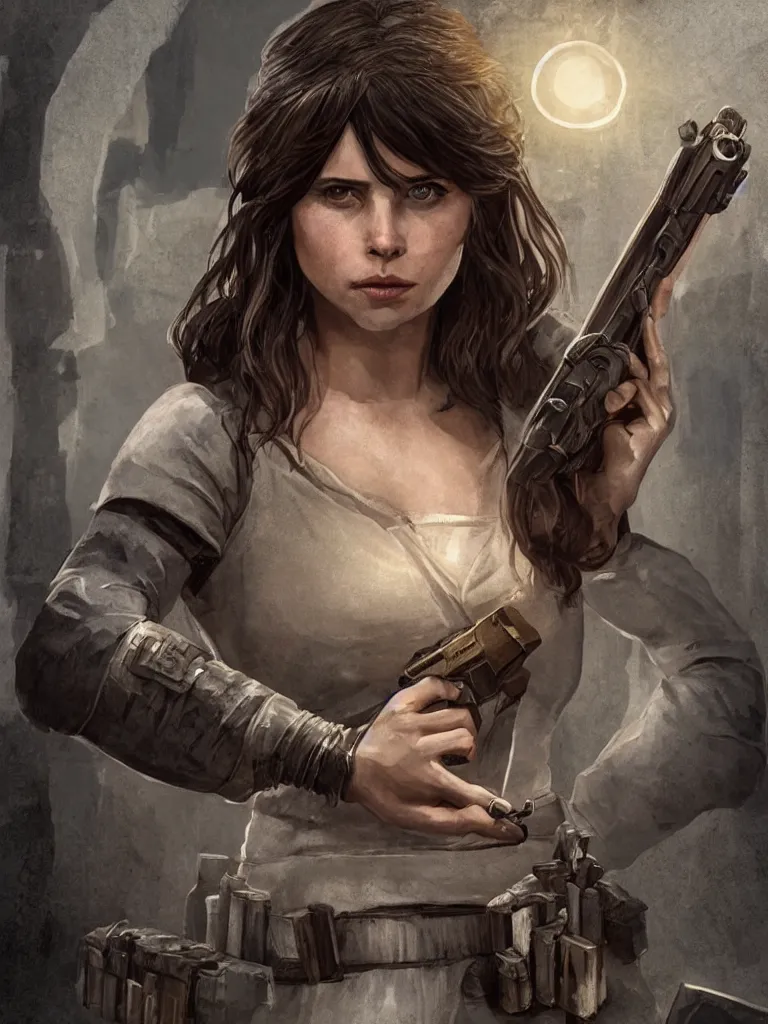 Image similar to portrait of jyn erso as a beautiful medieval goddess in a marble courtyard holding a pistol, decolletage, confident pose, coherent, insane detail, concept art, character concept, cinematic lighting, global illumination radiating a glowing aura