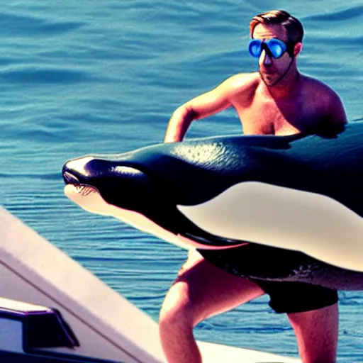 Image similar to ryan gosling in swimming trunks and cyberpunk style goggles rides a killer whale in a vulcan lake