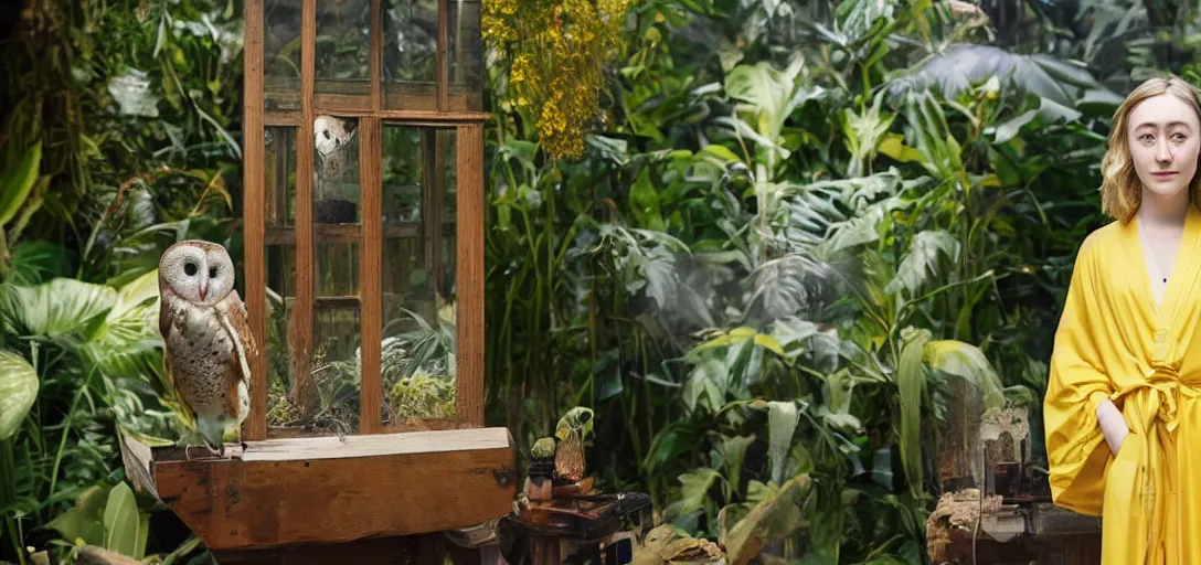 Prompt: A medium format portrait shot on graflex of Saoirse Ronan wearing a yellow kimono in a tropical greenhouse, she has a very detailed barn owl on her shoulder, bokeh