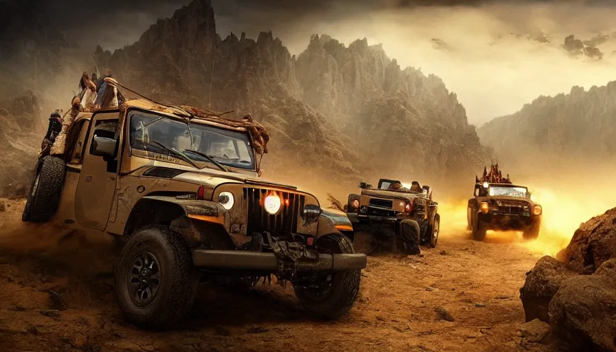 Prompt: Mahindra thar, tribe members attacking, furious action scene, Chase, an epic fantasy, dramatic lighting, cinematic, establishing shot, extremely high detail, photorealistic, cinematic lighting, artstation, by christopher nolan, horizon forbidden west