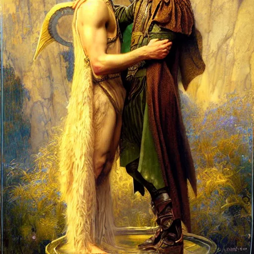 Image similar to stunning arthur pendragon in love with stunning male merlin the mage. they are close to each other, touching, looking. highly detailed painting by gaston bussiere, craig mullins, j. c. leyendecker